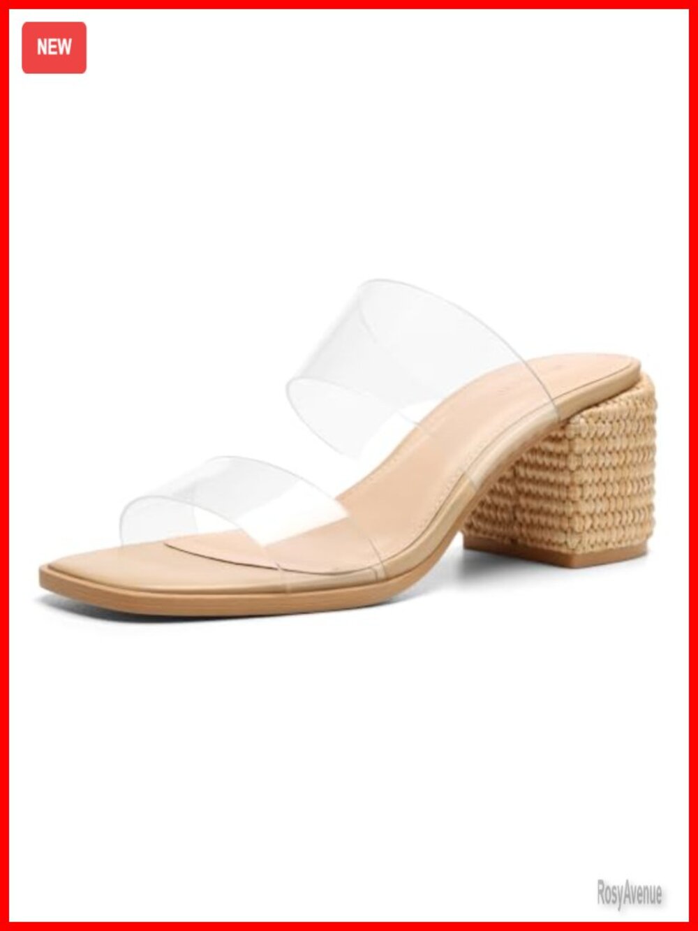 Woven Raffia Heeled Sandals Block Chunky Heel Square Open Toe Slip On Mules